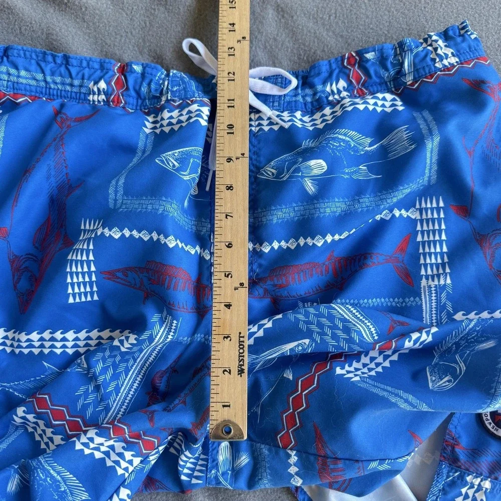 Newport Blue Swim Shorts Mens 2XL Blue Fish Print Nautical Mesh Lined Trunks